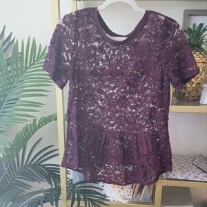 The Loft Burgandy Wine Red Elegant Lace Short Sleeve Fall Top - Women's Size XS